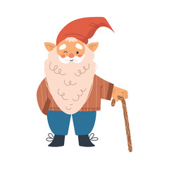 Sticker - Funny Gnome Character with Beard Standing with Cane and Winking Vector Illustration