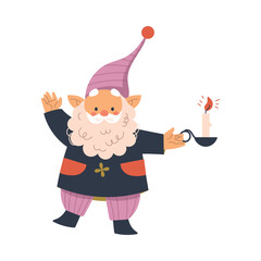 Sticker - Funny Gnome Character with Beard Standing with Burning Candle Vector Illustration