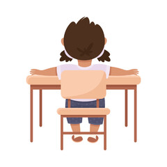 Poster - Cute Girl Pupil in Classroom Sitting at Desk Back View Have Lesson Vector Illustration