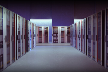 Poster - industrial technologies. cabinets with electronic equipment inside factory. cabinets for computers m