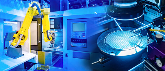 Poster - Manufacture of microprocessors. Equipment for manufacture of PCB. Robotic production of microprocessors. Hand manipulator in production of digital circuit boards. Factory for creating microprocessors
