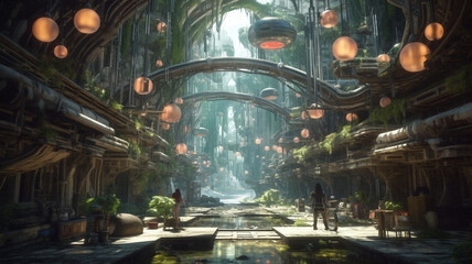 Solarpunk futuristic city in the nature, created with AI generative technology