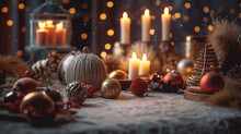 Christmas Still Life With Burning Candle And Christmas Decorations On Wooden Background.generative Ai