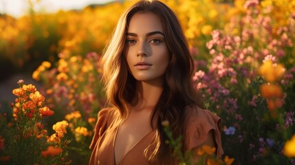 Wall Mural - A gorgeous woman in a flower field