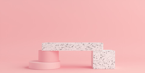 Wall Mural - Product Podium - Pink and White Terazzo Podium, Pink Background. 3D Illustration