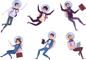 Poster - Business astronaut. Male and female flying characters with business tools exact vector cartoon characters