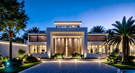 Photo of a modern house with a spacious driveway and lush palm trees