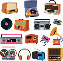 Music devices. Retro music gadgets headset radio and players recent vector stylized illustrations set