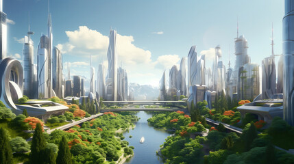 Wall Mural - Futuristic city. Utopia in daylight. Modern skyscrapers with plant elements.