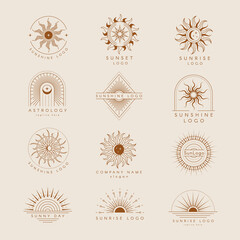 Wall Mural - Sun logo. Badges or emblems with starburst linear trendy style recent vector sun decorative templates