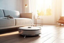 Smart Home Robot Vacuum Cleaner In Modern Interior , AI Generated