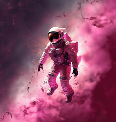 Wall Mural - an astronaut near a pink cloud of exoplanet particles in a far galaxy.