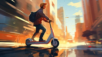 Illustration of a young man riding an electric scooter.