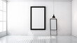 © kichigin19 - the interior is an empty wall with a thin black narrow frame inside an empty white background. Generative AI