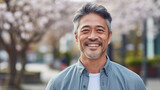 Fototapeta Do pokoju - Senior Asian man smiling at the camera outdoors. Close-up portrait of a laughing handsome Asian man in the city. Middle aged man walking in a city.  AI Generated
