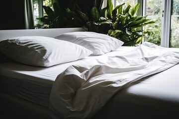 Canvas Print - Illustration of an Unmade Bed with White Sheets and Pillows