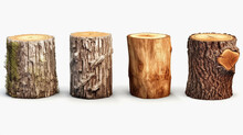 Collection Of Wooden Stumps Isolated On A White Background. Generative AI