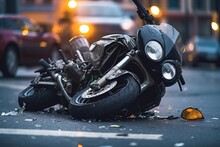 Motorcycle Traffic Accident: Broken Bike On The Street After Crash. AI