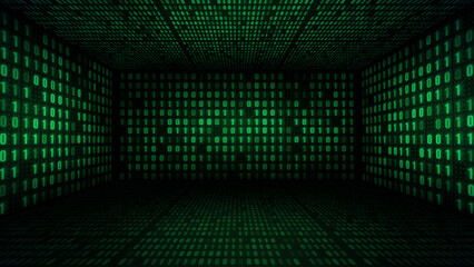 Binary code virtual studio background. 3D graphics rendering backdrop with technology and futuristic aesthetic. Ideal for live TV shows or events. A VR template to use with green screen