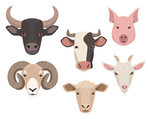 Wall Mural - Farm or domestic animal Faces isolated on white background. Set of farm animals head icons. Cow, bull, sheep, pig, ram and goat. Vector flat or cartoon illustration.