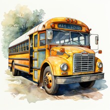 Watercolor Professional Clip-art Painting Of A Students Yellow School Bus Generative AI Illustration