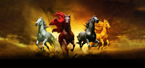 the four horses of the apocalypse white red black and yellow bible revelation generative ai illustra