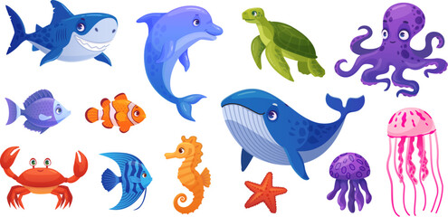 underwater inhabitants. cartoon aquatic animals inhabit sea nature, adorable fish ocean creatures cu
