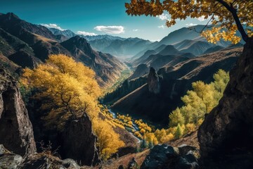 Sticker - picturesque valley with majestic mountains in the distance. Generative AI