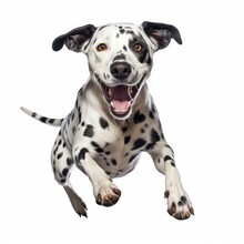 Jumping Dalmatian Dog. Isolated On Caucasian, White Background. Generative AI.