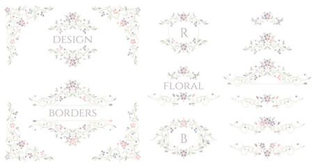 Wall Mural - Floral monograms and borders, frames for cards, invitations, menus, labels. Classic ornament. Graphic design pages. Color design.