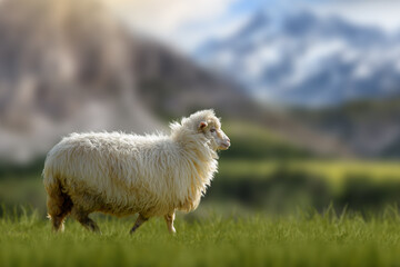 Poster - Mountain sheep grazing on pasture in summer on mountain background