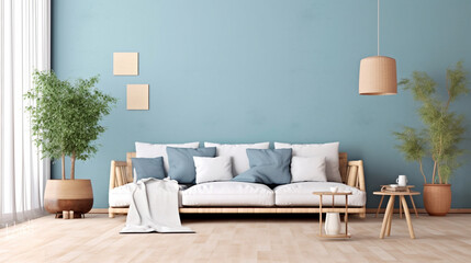 Japandi minimalist living room with frame mockup in white and blue tones. sofa, rattan furniture, and wallpaper. design of a farmhouse interior. Generative AI