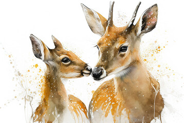 Wall Mural - Watercolor Splatter Portrait Painting of Deer Father with Baby. Isolated on White Paper Textured Background