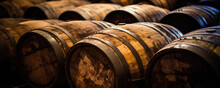 Whiskey, Bourbon, Scotch Barrels In An Aging Facility. Hand Edited, Generative AI Based.  