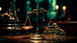 Scales of Justice in the dark Court Hall. Law concept of Judiciary, Jurisprudence and Justice. Copy space. Generative AI