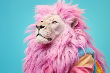 Portrait of pastel pink lion king wearing colorful sweatshirt. Abstract scene of a wild animal like a human. Bright pink pastel  hairstyle. Illustration. Generative AI.