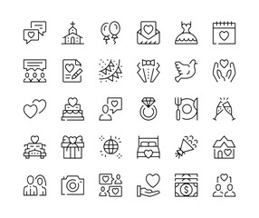 Wedding icons. Vector line icons set. Marriage, wedding ring, bride and groom, love concepts. Black outline stroke symbols
