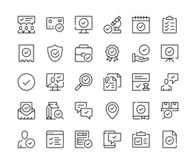 Poster - Check mark icons. Vector line icons set. Approve, tick, checkmark, quality control concepts. Black outline stroke symbols