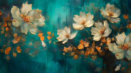 Subtly textured teal painted flowers dark moody background. Generative AI