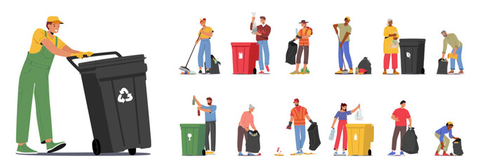 Garbage Collection Set. Characters Gathering And Disposing Of Waste Materials In An Organized Manner Vector Illustration