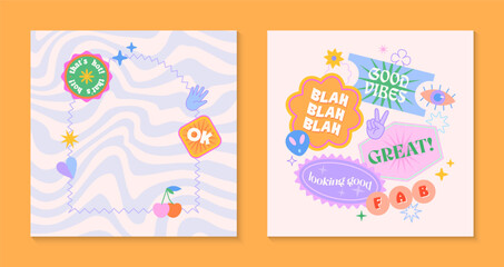 Wall Mural - Vector templates with patches and stickers in 90s style.Modern emblems in y2k aesthetic with wavy background.Trendy funky designs for banners,social media marketing,branding,packaging,covers