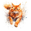 A painting of an orange cat running on a white background. Generative AI.