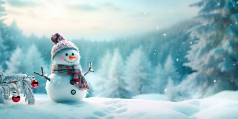  Snowman with the winter sunset sun, christmas concept. Generative AI