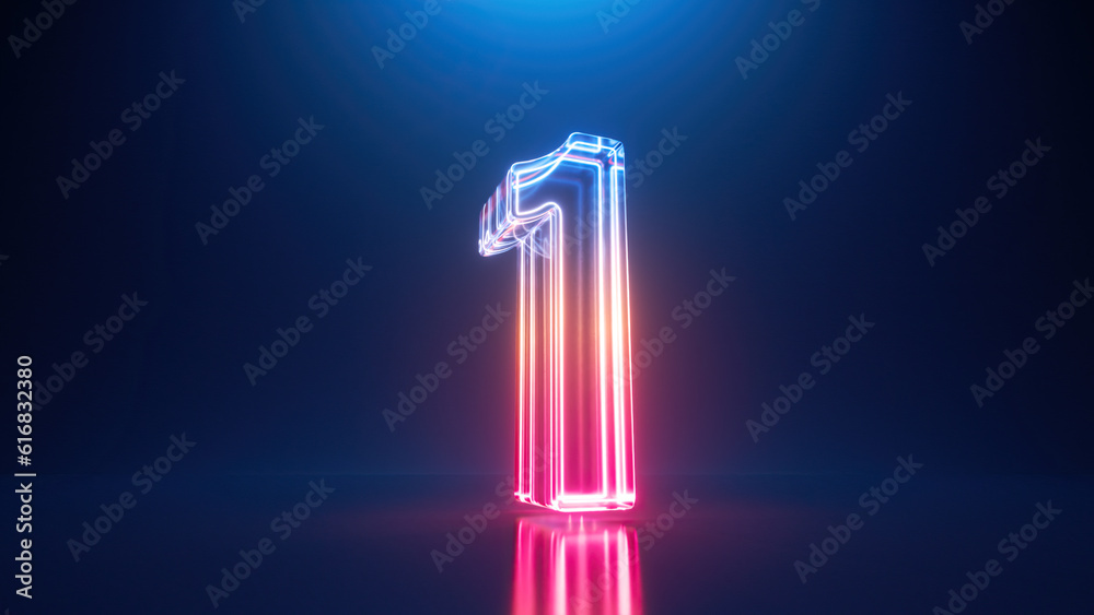 3d rendering. Neon number one. Glowing colorful line inside the glass ...