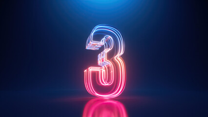 3d rendering. Neon number three. Glowing colorful line inside the glass symbol 3 shape. Top chart