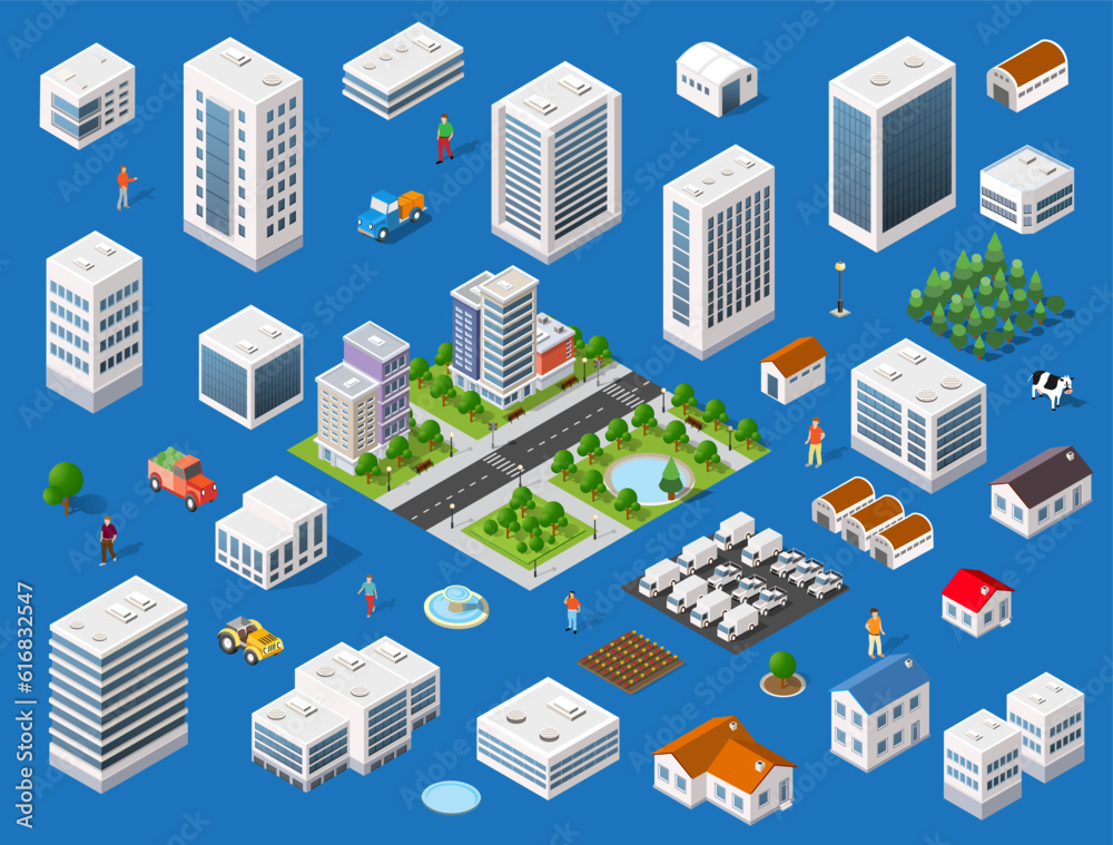 Set of modern isometric buildings and houses for sites and games. Stock ...