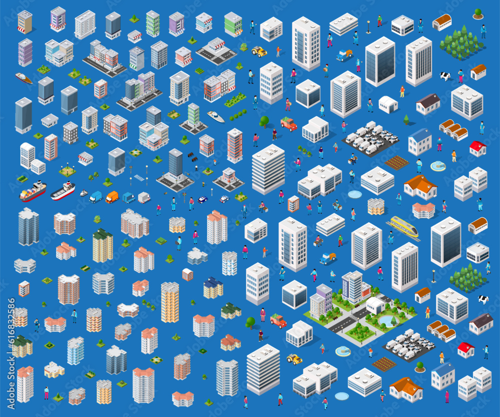 Set of modern isometric buildings and houses for sites and games. Stock ...