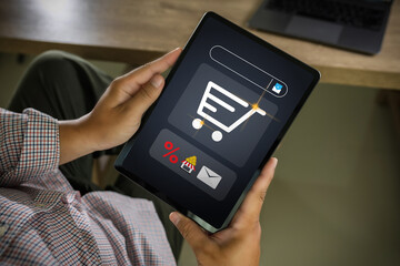 Fototapete - online shopping marketing concept digital internet network technology person using app advertisement