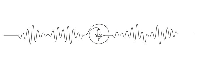 Poster - One continuous line drawing of music player soundbar with microphone button. Record audio podcast and sound wave voice message in simple linear style. Editable stroke. Doodle vector illustration