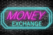 © New Africa - Money Exchange neon sign on brick wall. Bright frame with text